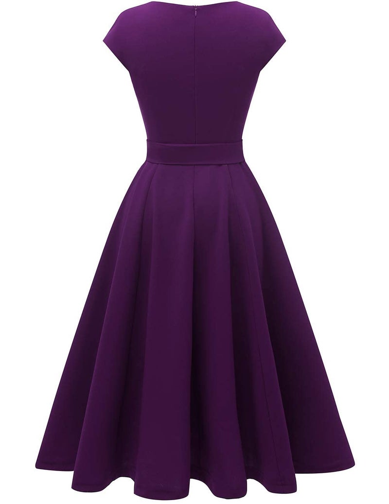 DRESSTELLS Cocktail Womens Dresses for Wedding Guest, Semi Formal Modest Easter Tea Party Ladies Fit and Flare Retro Midi Dress Grape Purple L - Image 5